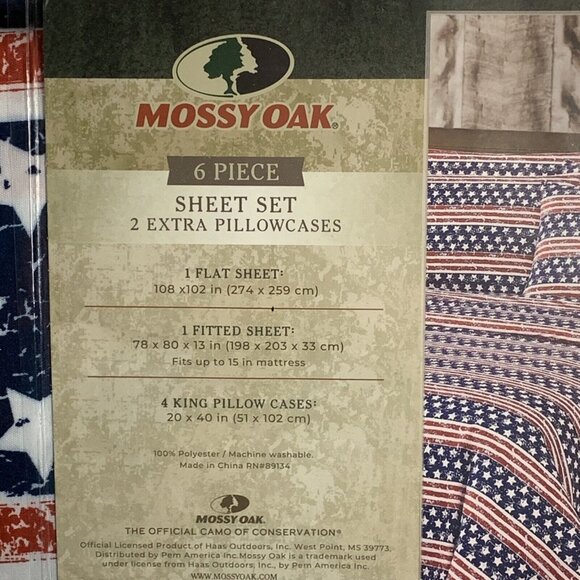 Mossy Oak Patriotic 6 Pc Sheet Set King Stars & Stripes Red White Blue NIP New - Picture 5 of 5